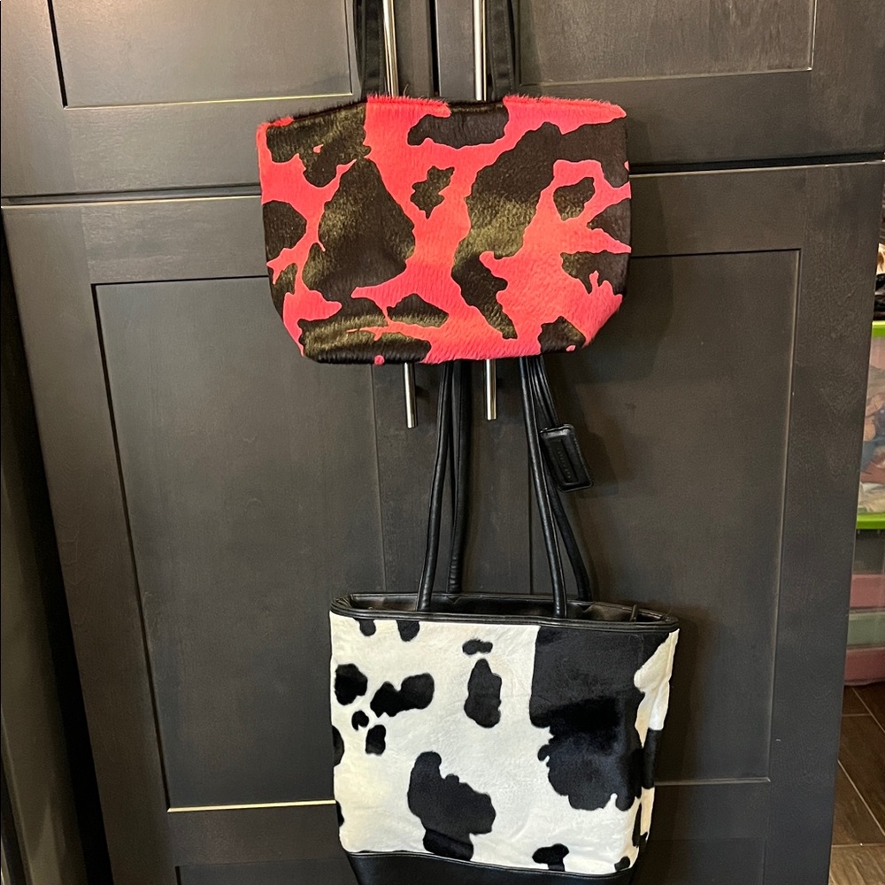Women’s Pink and Black Cowhide Pattern Tote and Pouch Set